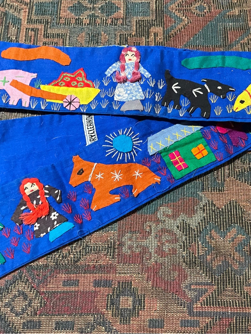 Handcrafted Blue Cotton Sash Belt with Colorful Folk Art Applique